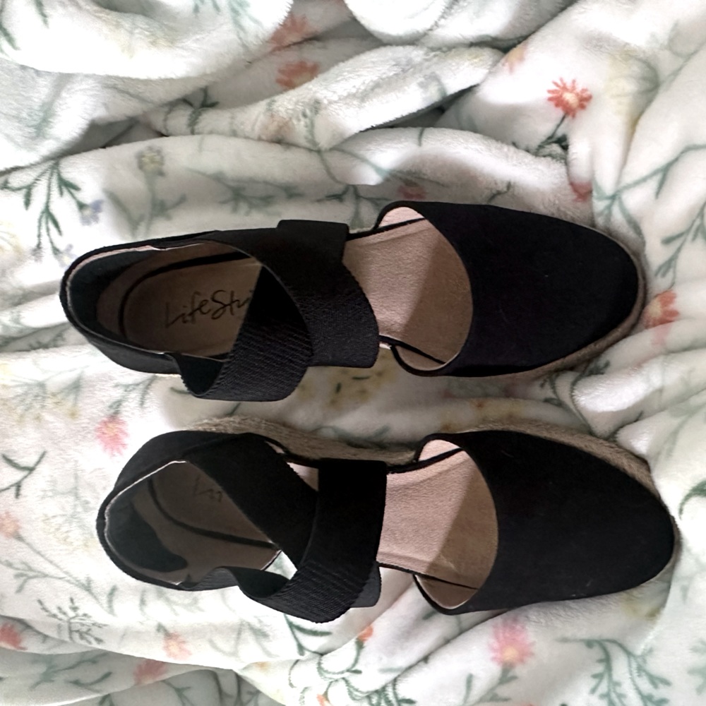 Womans wedge black sandals size 8.5